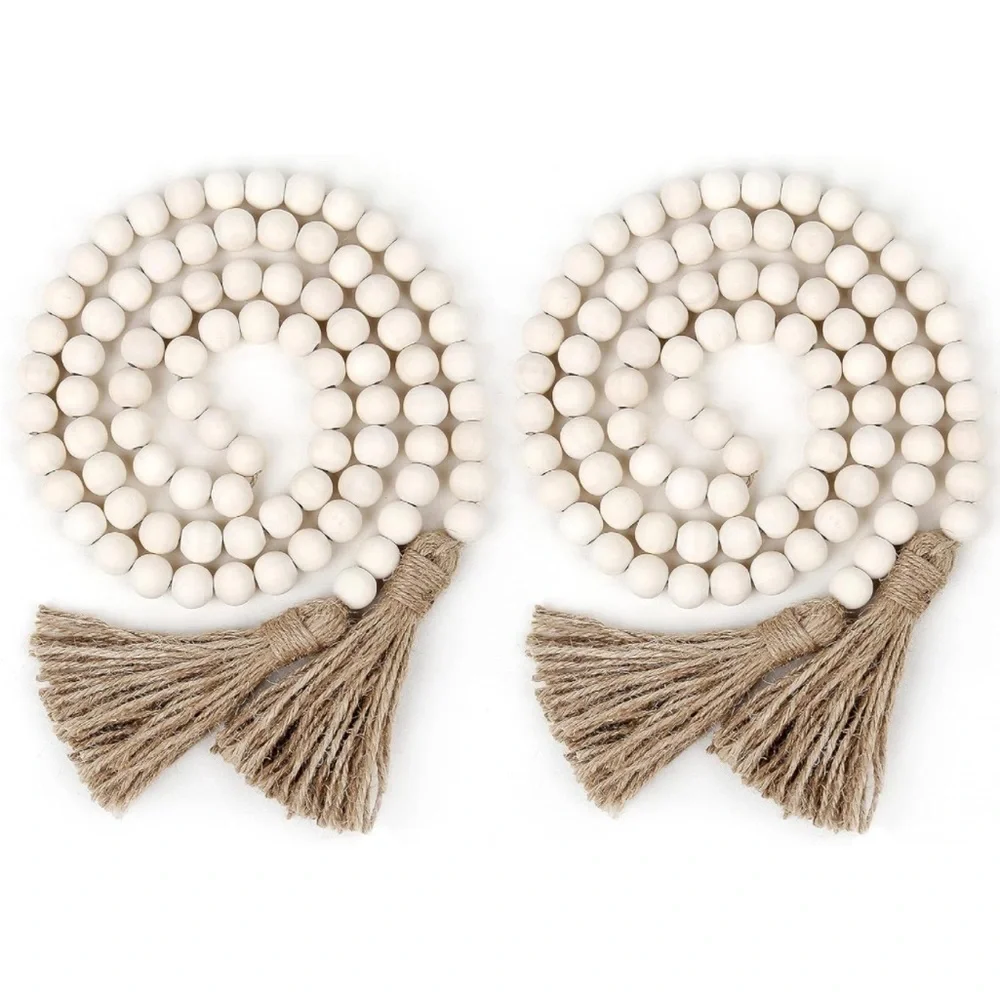 Rustic Boho Farmhouse Cream Wood Beads Tie Tassel Garland Home Table DiningDecor